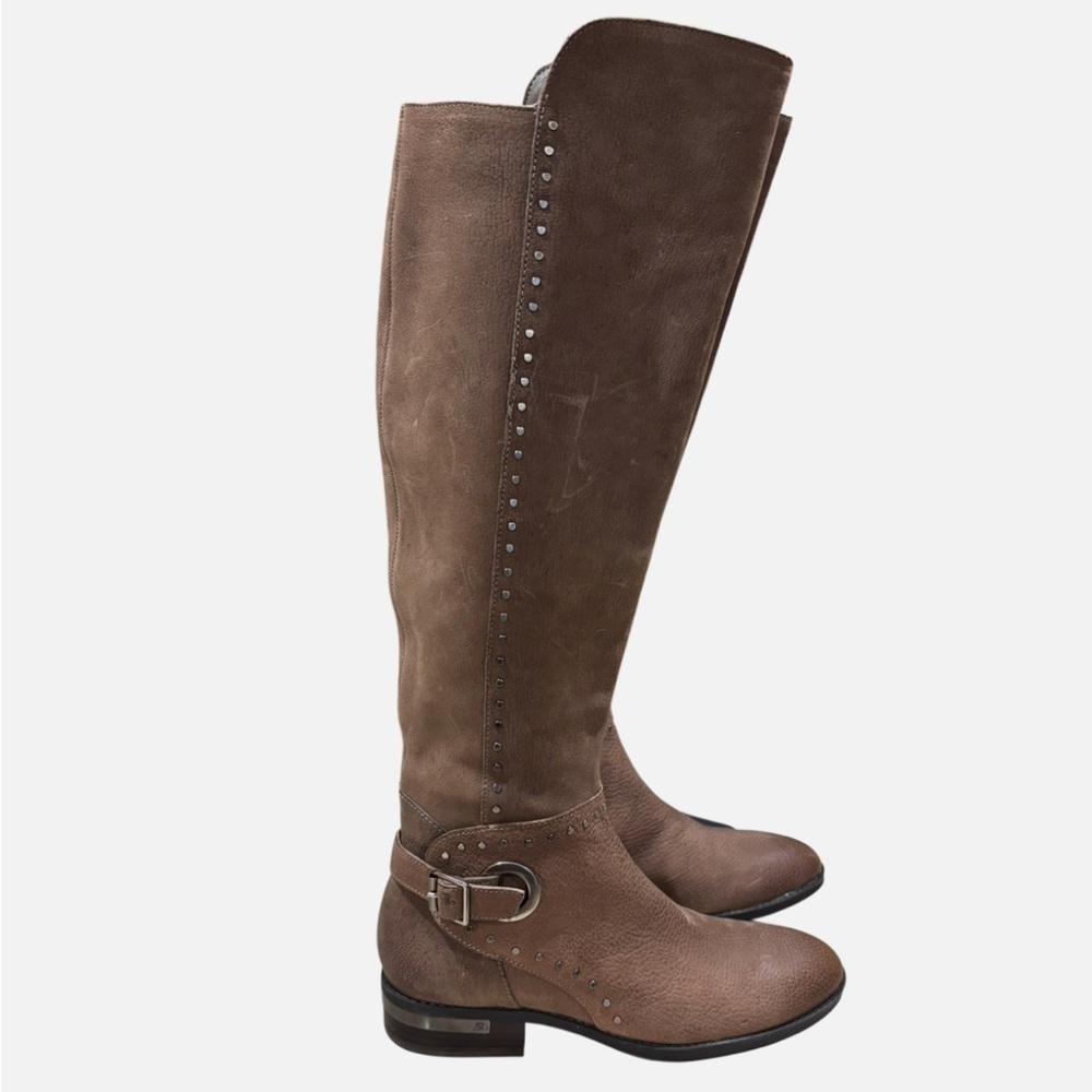 NWOB Distressed Brown Knee High Studded Riding Boots Buckle Detail Moto Boho 7